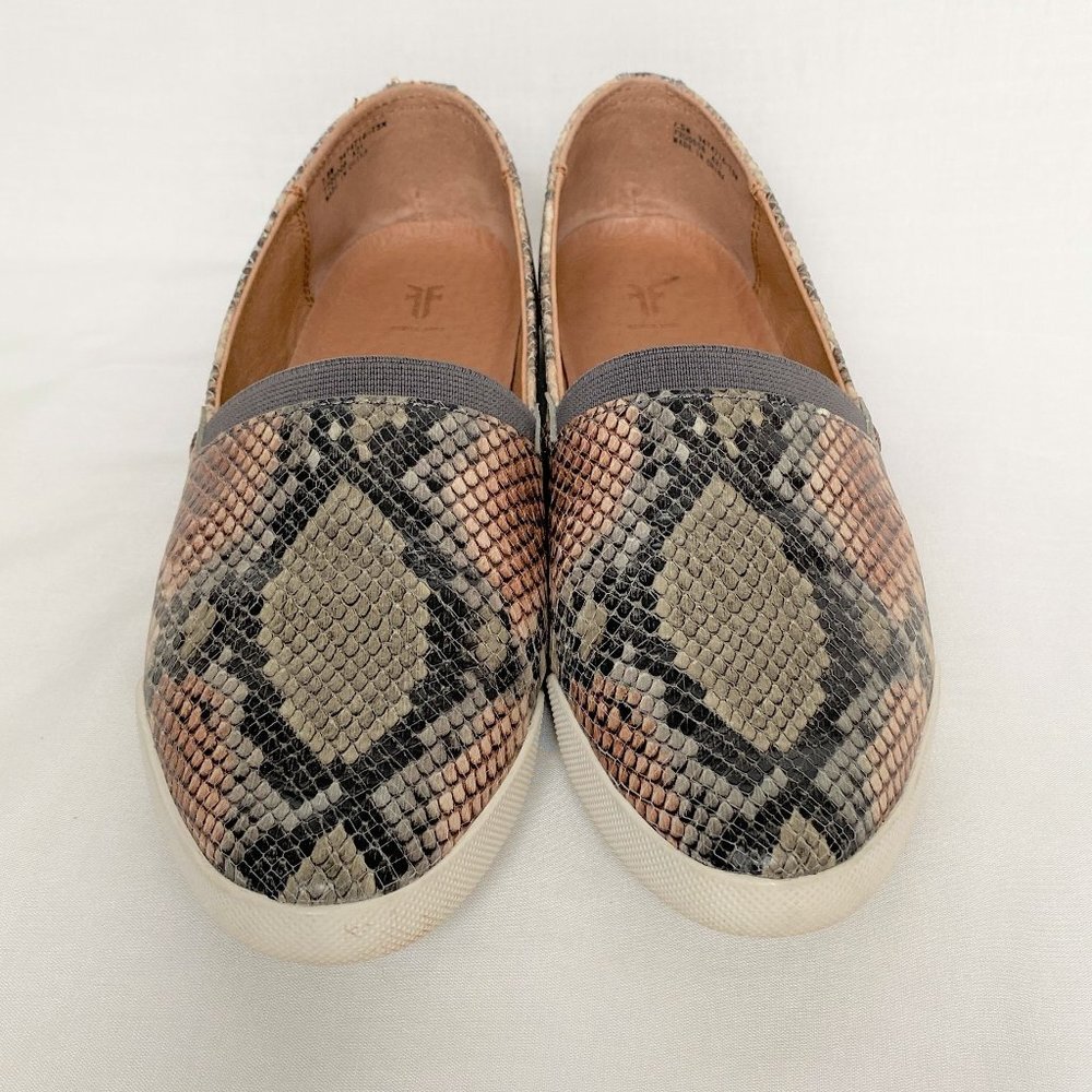 Frye Melanie Brown Gray Snake Reptile Print Leather Flats - Picture 7 of 12